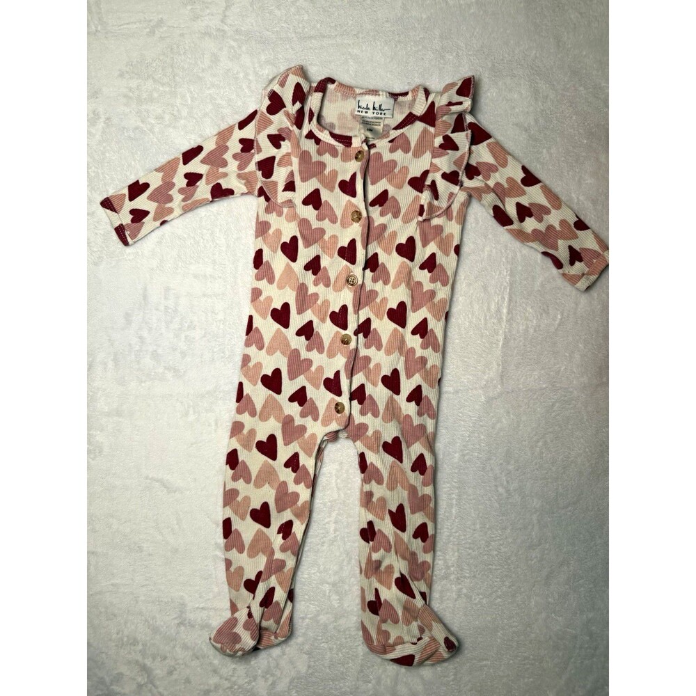 Nicole Miller NY 6-9M Pink Heart Footed Coverall Sleeper Ruffle Buttons